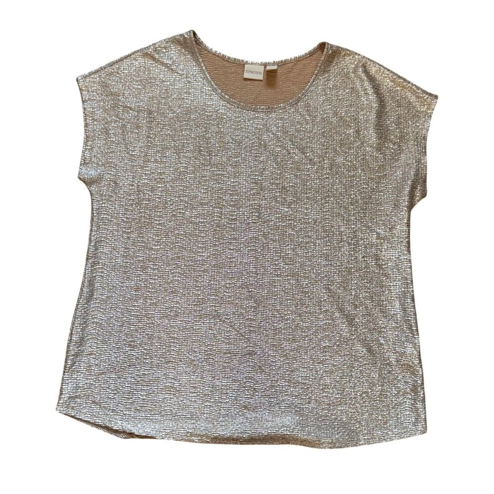 Chico's Silver Metallic Short-Sleeve Top Womens XL Casualchic Eveningwear
